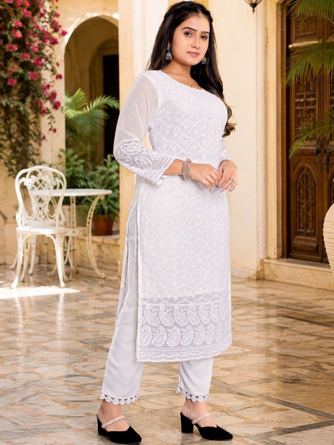 C H CREATION Ethnic Motifs Embroidered Chikankari Pure Georgette Chikankari Kurti thumbnail 5