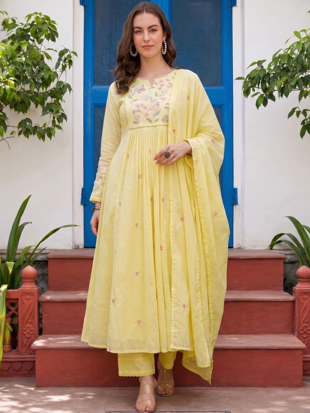 Sangria Women Floral Embroidered Empire Thread Work Chanderi Silk Kurta with Trousers & With Dupatta - view 1