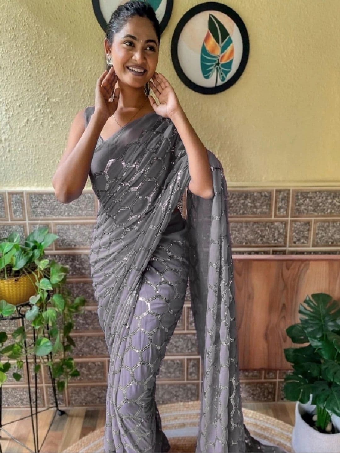 Mitera Embellished Sequinned Poly Georgette Designer Saree thumbnail 2
