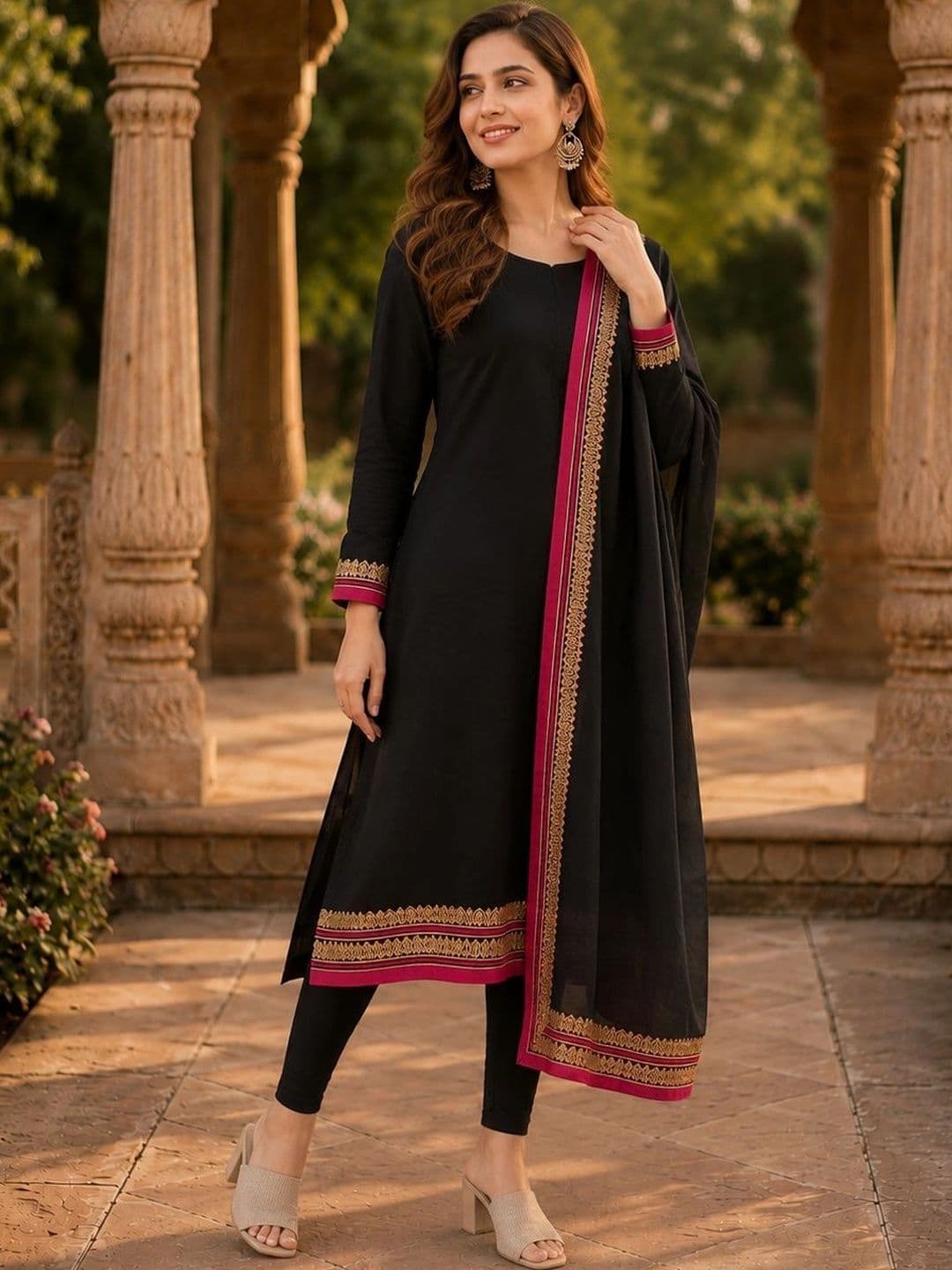 Sangria Women Ethnic Motifs Regular Thread Work Kurta With Dupatta thumbnail 5