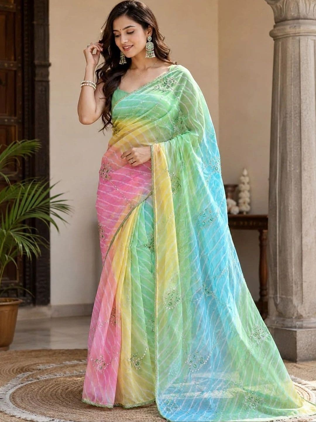Peachmode Leheriya Embroidered Poly Georgette Leheriya Saree - view 1