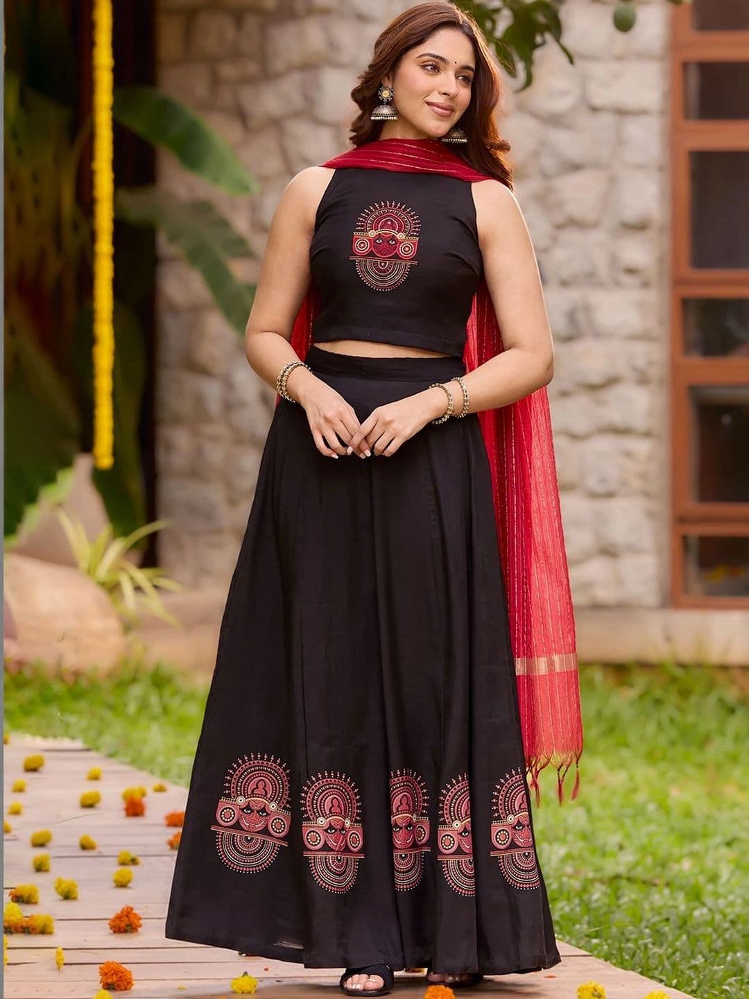Maybell Women's Silk Blend Embroidered Halter Neck Onam Theme Top with Skirt Set & Dupatta - view 1