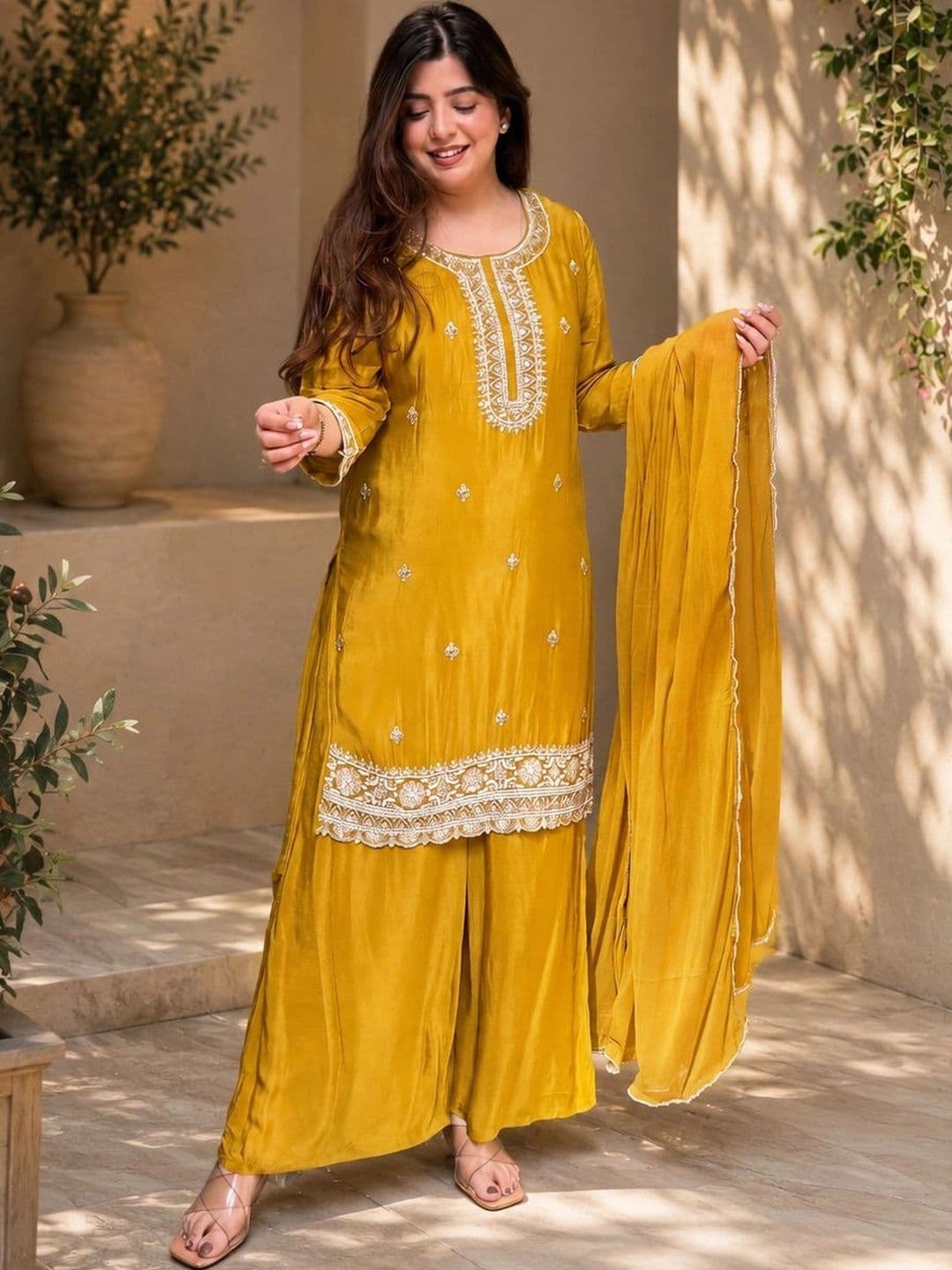 Sangria Women Ethnic Motifs Embroidered Regular Thread Work Kurta with Sharara & With Dupatta thumbnail 2