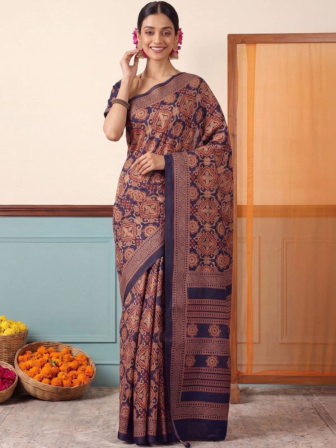 Anouk Ajrak Block Silk Blend Designer Block Print Saree - view 1