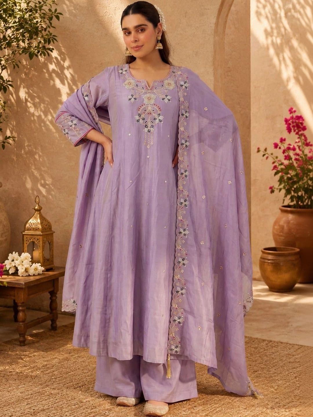 Ariya Prints Women Ethnic Motifs Embroidered Regular Thread Work Kurta with Palazzos & With Dupatta thumbnail 3