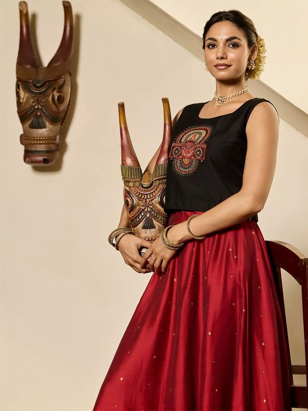 Maybell Women's Silk Blend Embroidered Round Neck Onam Theme Top with Skirt Set thumbnail 3
