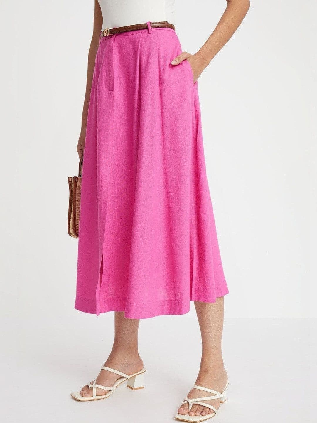 Virgio Solid Viscose Rayon Flared Midi Skirt for Women thumbnail 5