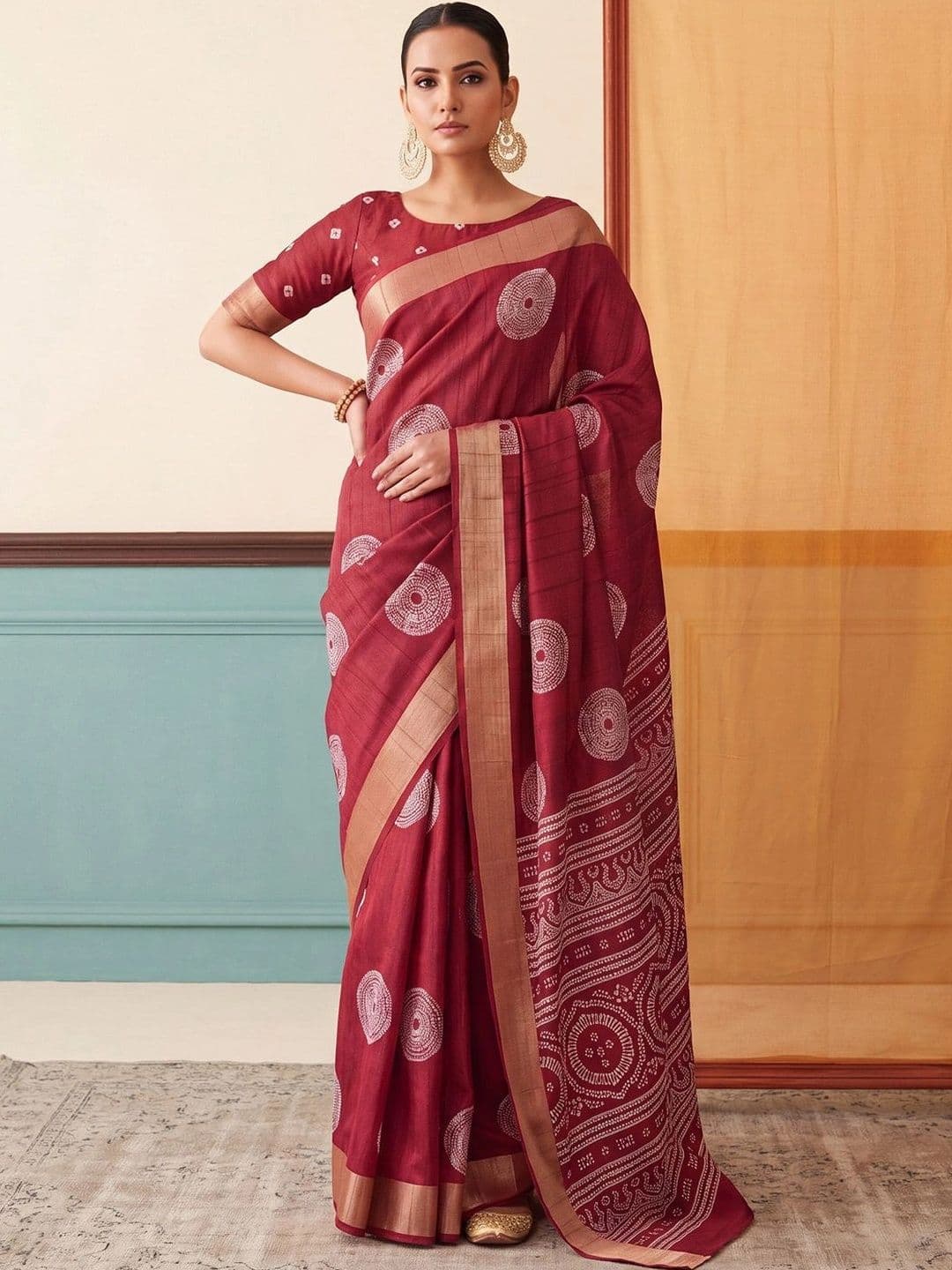 Anouk Bandhani Zari Silk Blend Designer Block Print Saree - view 1