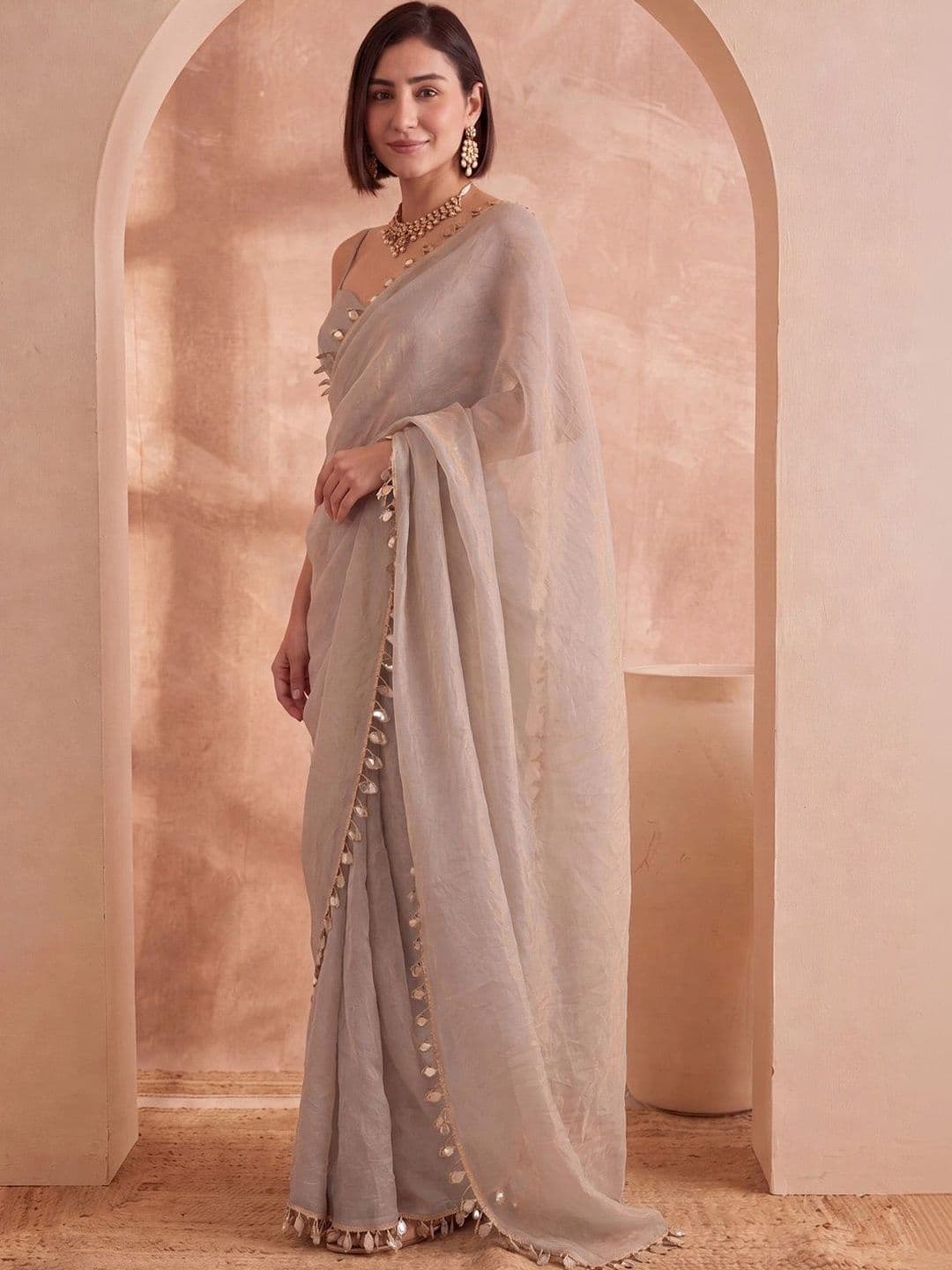 Anouk Mirror Work Satin Designer Saree thumbnail 6