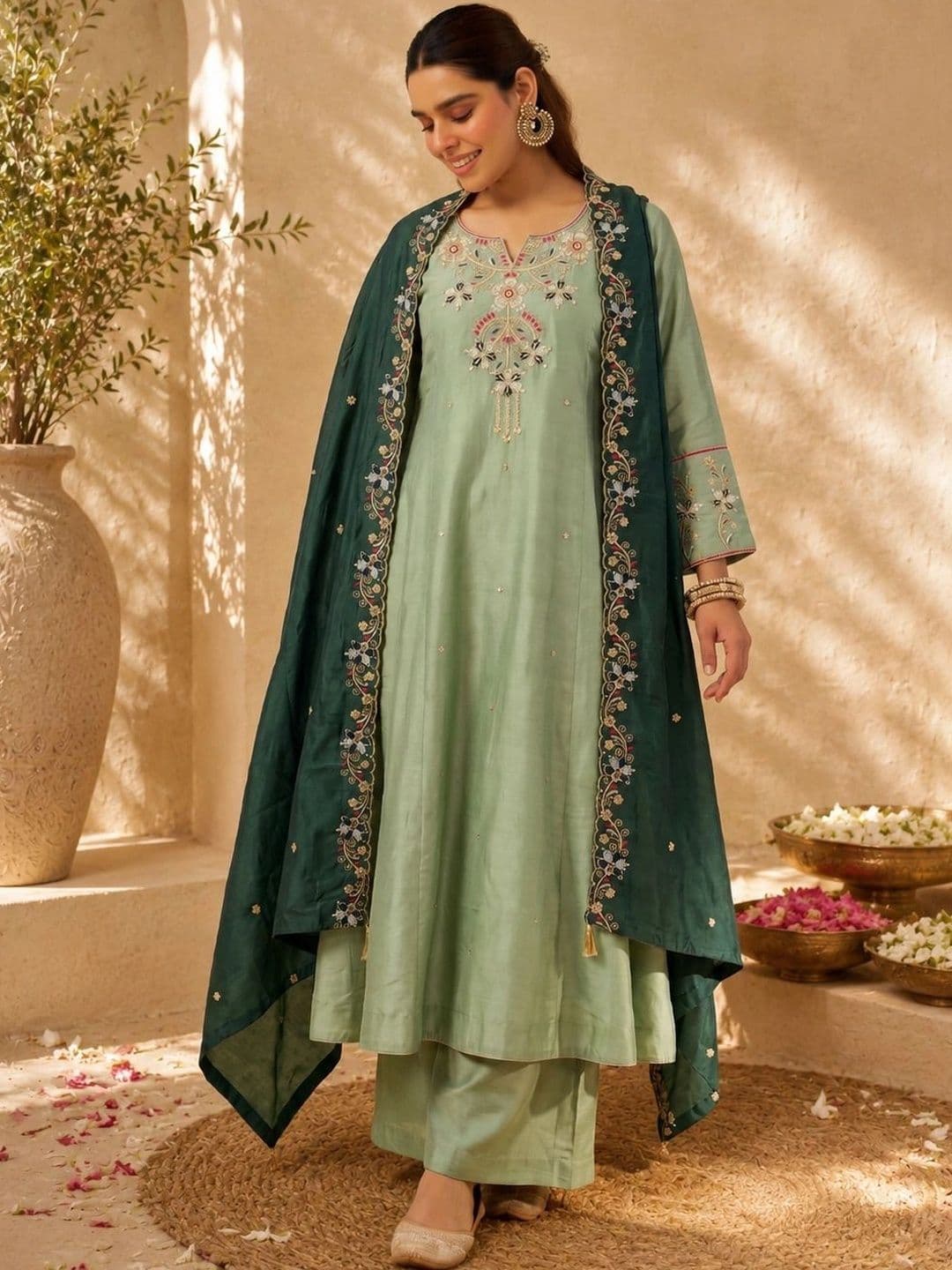Ariya Prints Women Ethnic Motifs Embroidered Regular Thread Work Kurta with Palazzos & With Dupatta thumbnail 4