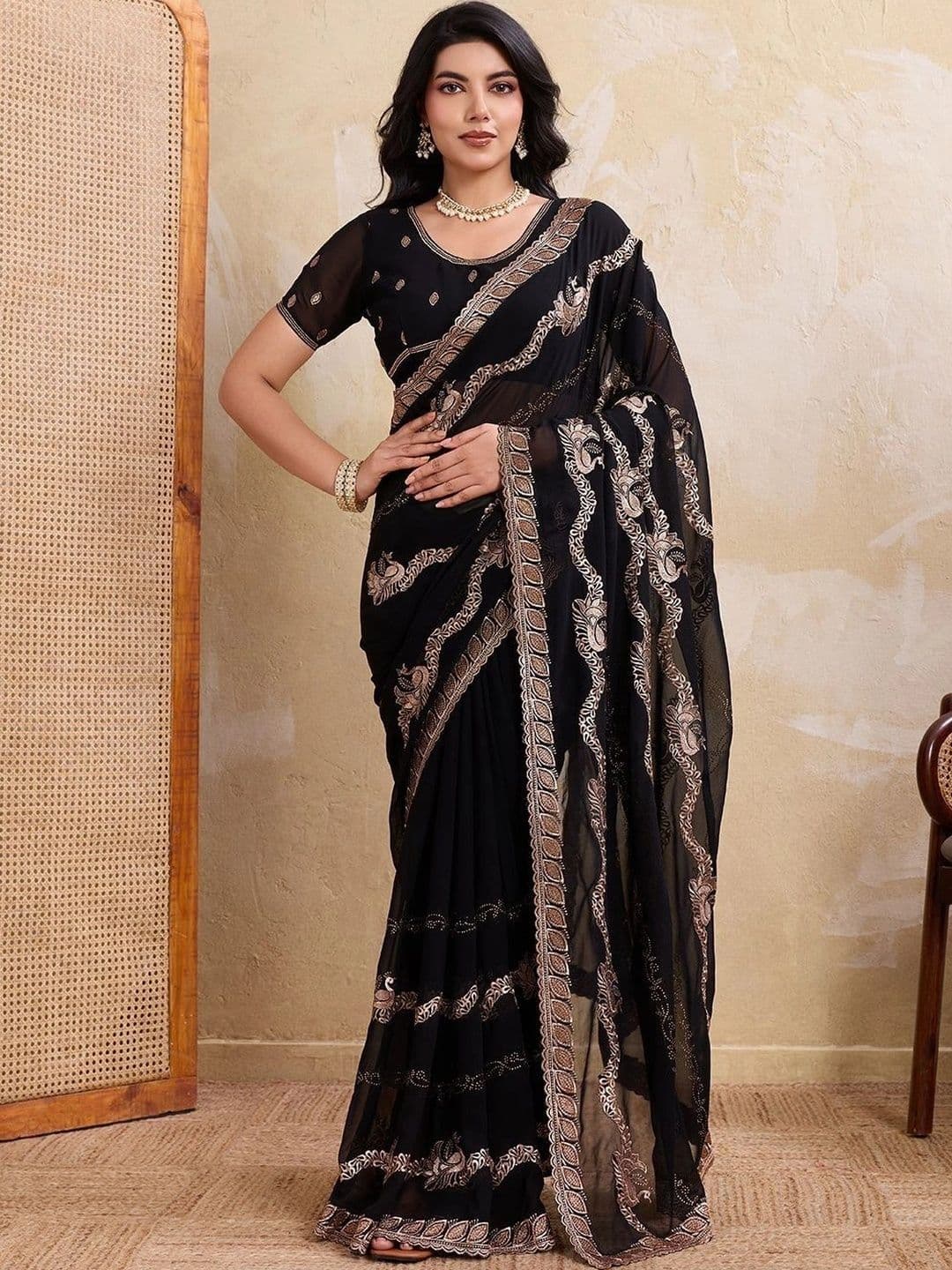 Leelavati Woven Design Embroidered Pure Chiffon Saree - view 1