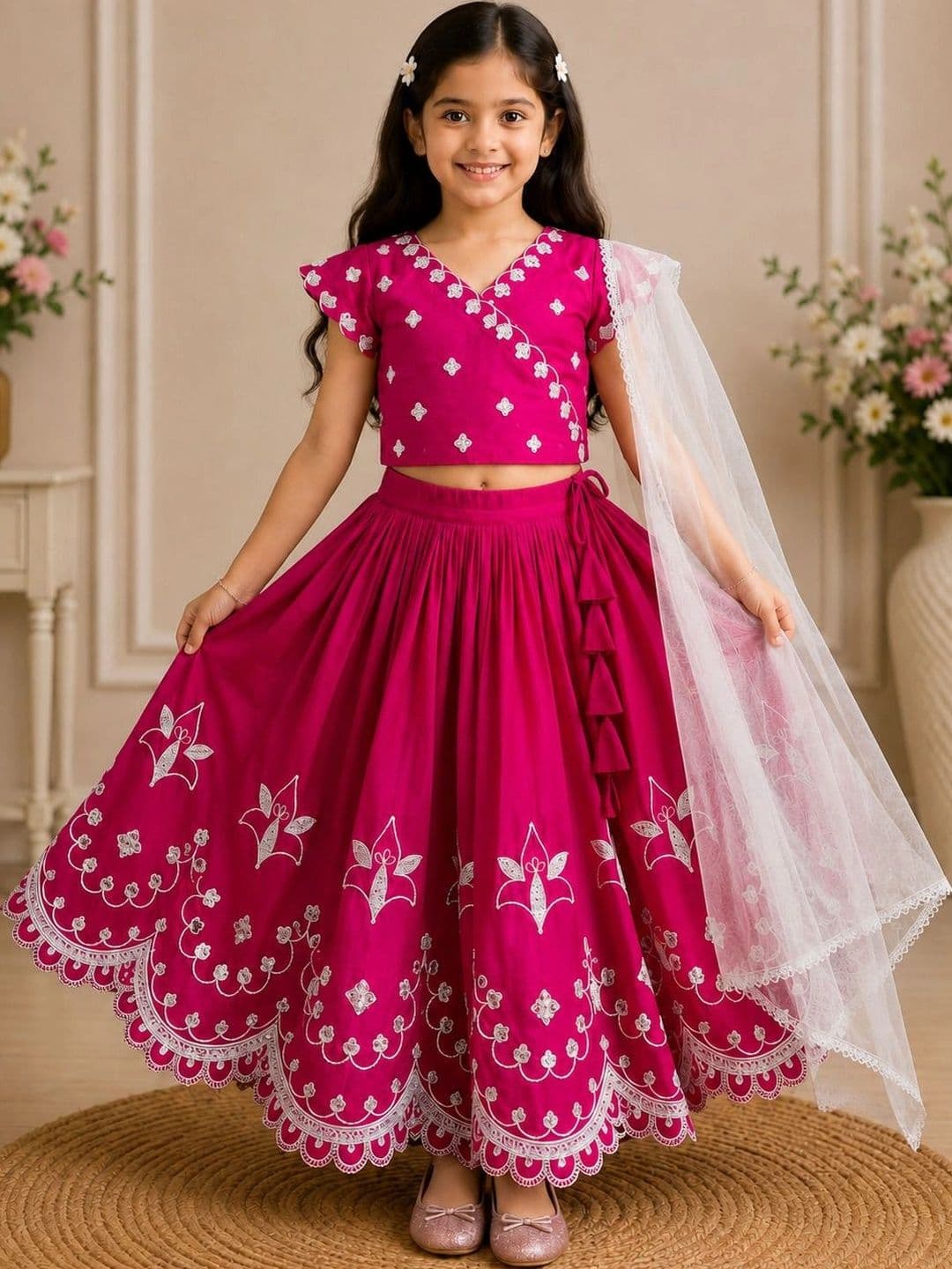 KALINI Girls Embroidered Thread Work Ready to Wear Lehenga & Blouse With Dupatta - view 1