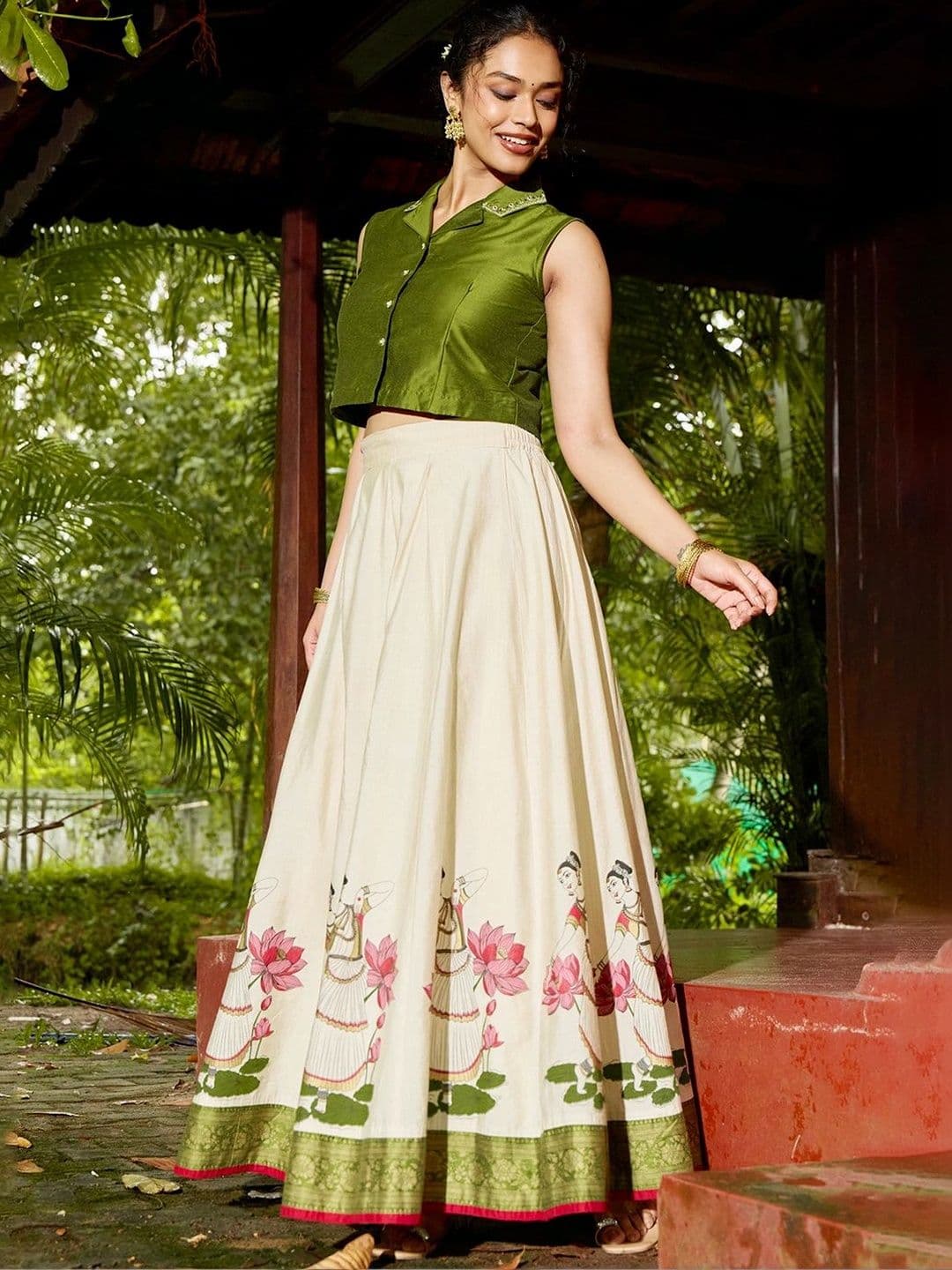 Maybell Women's Raw silk Printed Shirt Collar Onam Theme Top with Skirt Set thumbnail 5