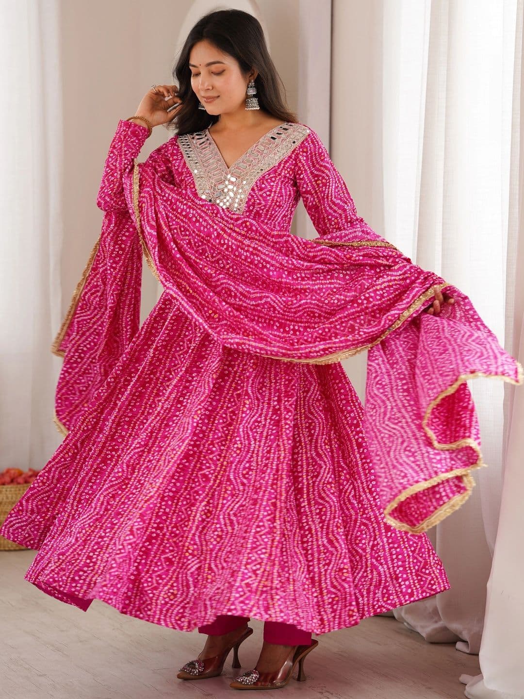 WEWER Women Leheriya Printed Empire Mirror Work Kurta with Trousers & With Dupatta - view 1