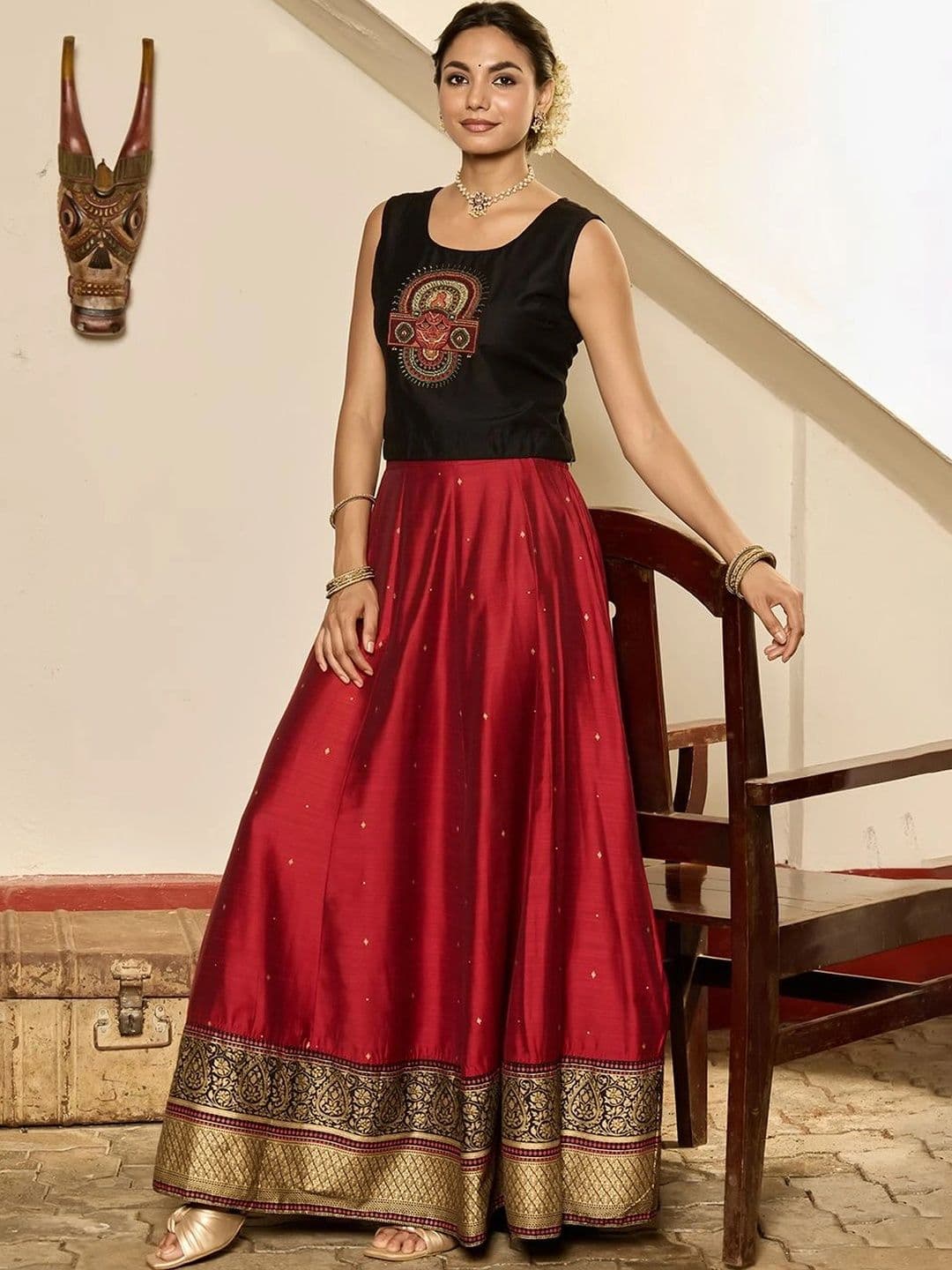 Maybell Women's Silk Blend Embroidered Round Neck Onam Theme Top with Skirt Set - view 1