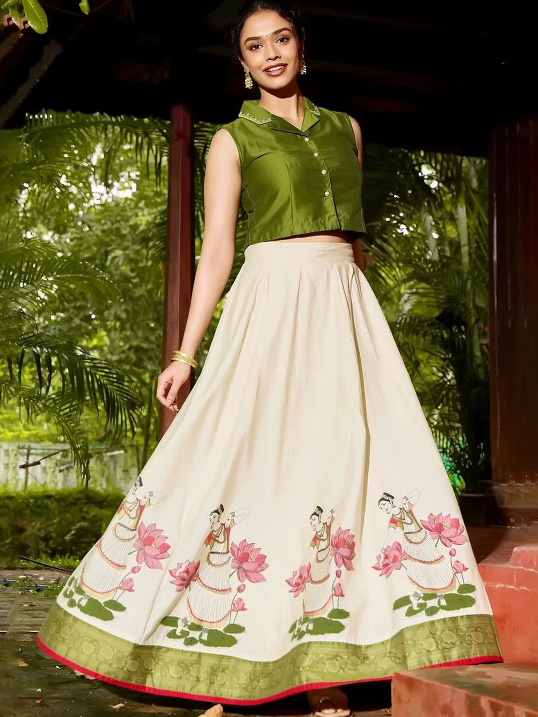 Maybell Women's Raw silk Printed Shirt Collar Onam Theme Top with Skirt Set - view 1