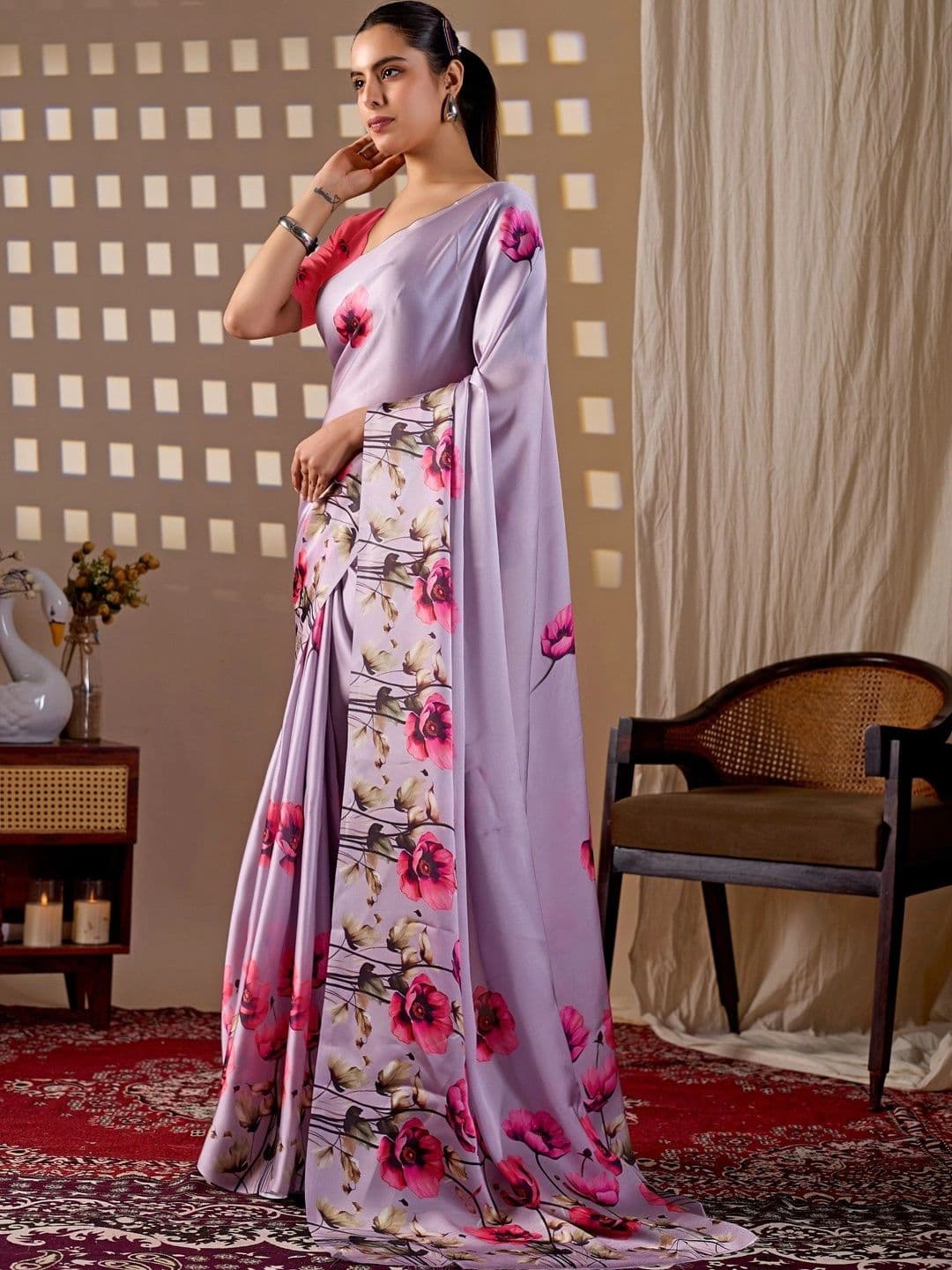 LeeliPeeri Designer Floral Satin Fusion Saree thumbnail 4
