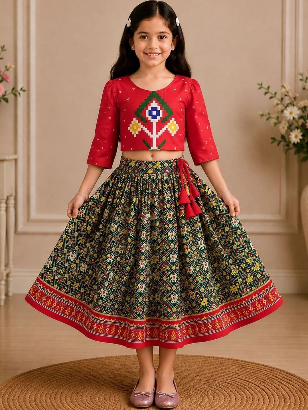 KALINI Girls Embroidered Ikat Ready to Wear Lehenga & - view 1