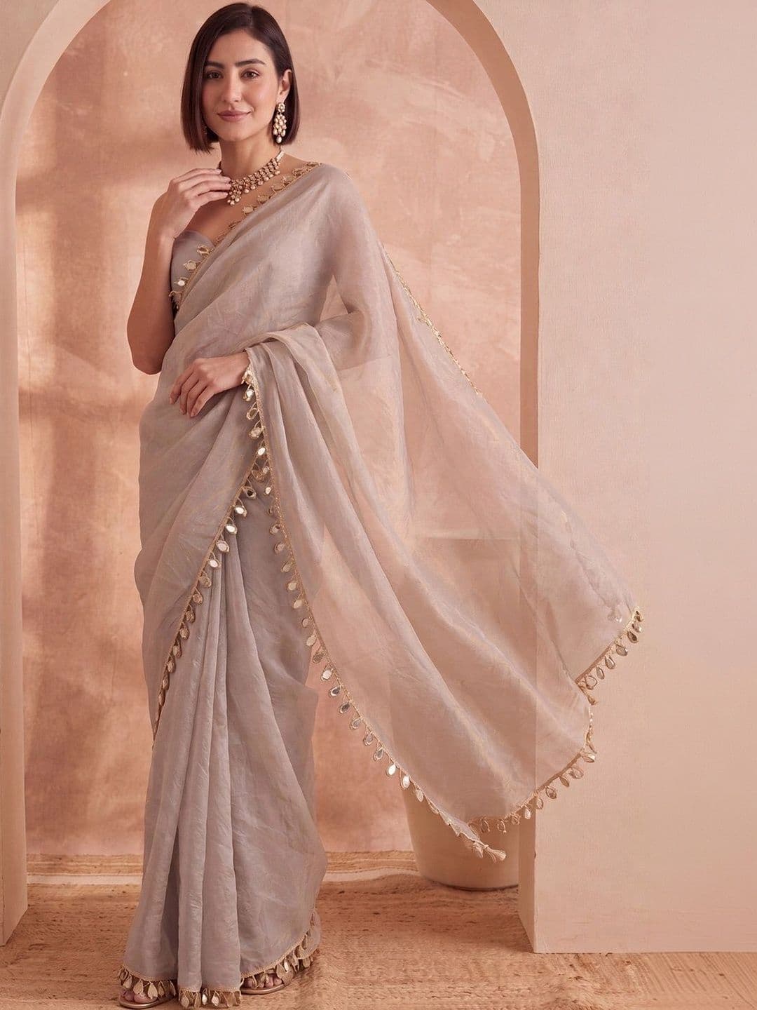 Anouk Mirror Work Satin Designer Saree thumbnail 3