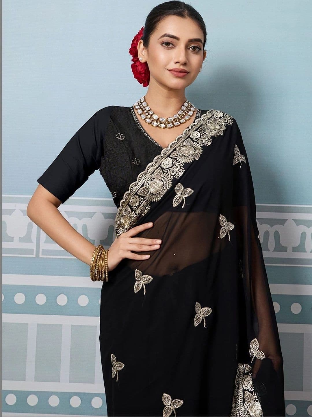 Leelavati Women Ethnic Motifs Embroidered Pure Georgette Saree thumbnail 7