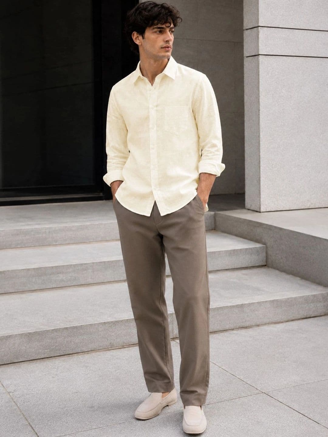 FRANKSHIRT Men's CreamTextured Linen Shirt Full Sleeve Casual Regular Fit Shirt thumbnail 5