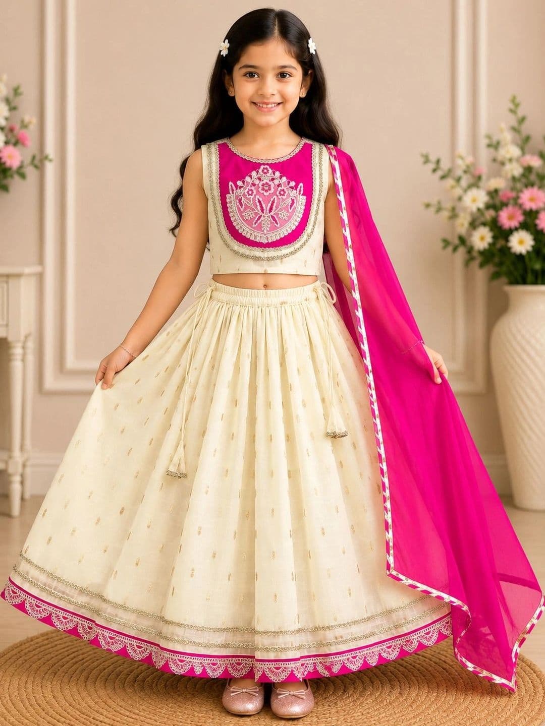 KALINI Girls Embroidered Thread Work Ready to Wear Lehenga & Blouse With Dupatta - view 1