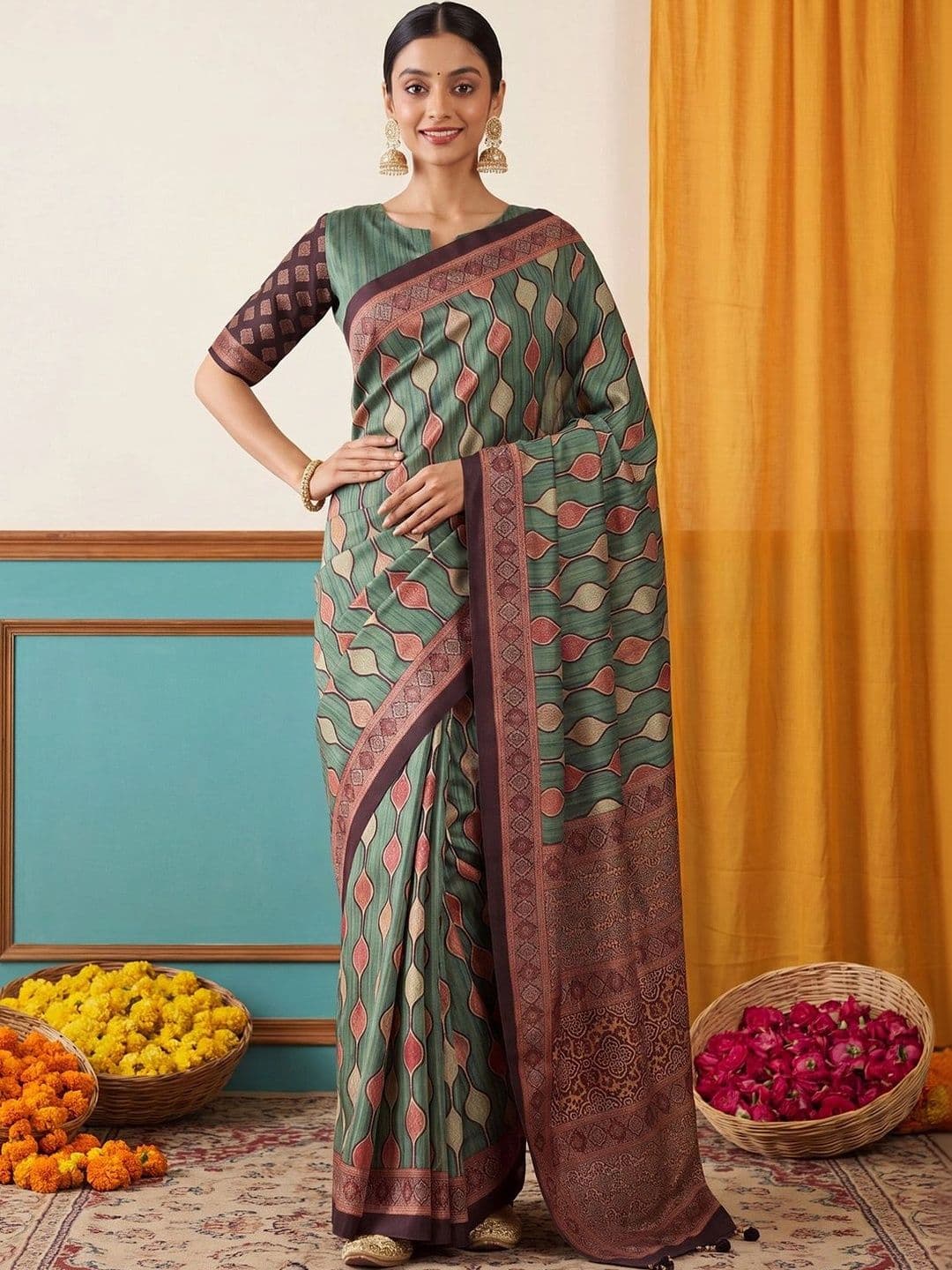 Anouk Silk Blend Designer Block Print Saree - view 1