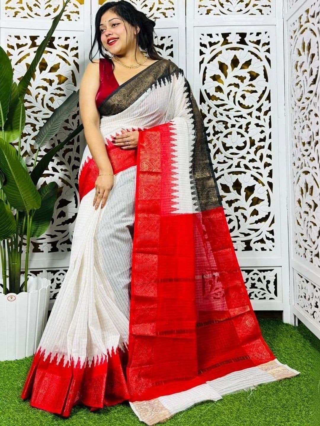 FASHIONIUM Striped Zari Pure Cotton Saree - view 1