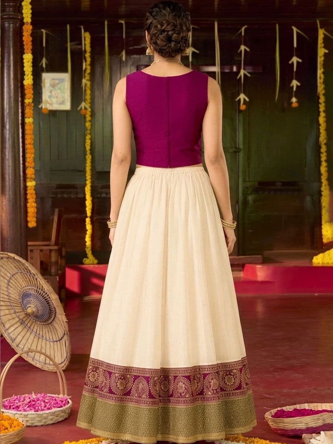 Maybell Women's Silk Blend Embroidered Square Neck Onam Theme Top with Skirt Set thumbnail 5
