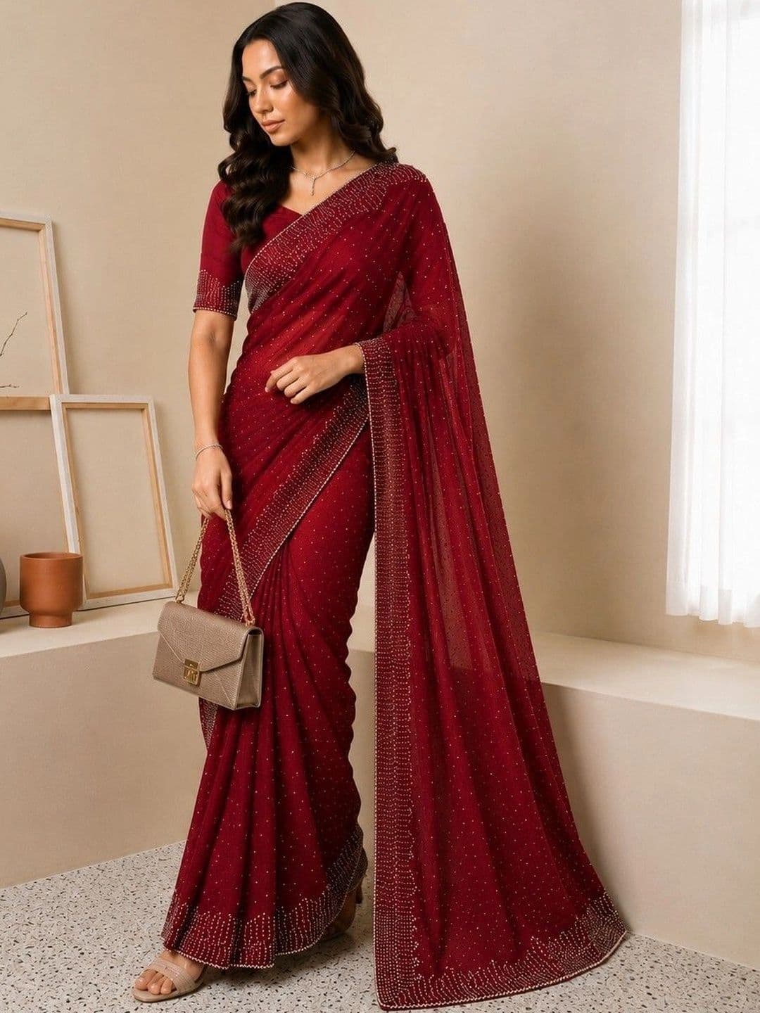 shreevali creation Embellished Beads and Stones Pure Chiffon Saree thumbnail 5