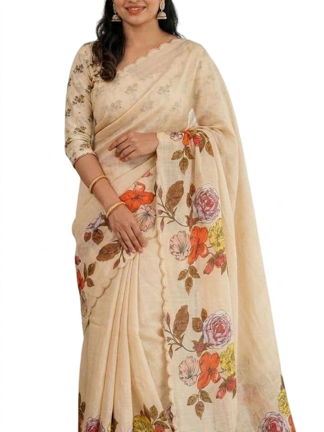 Peachmode Cream Linen Saree with Floral Print & Cut Work Border thumbnail 5