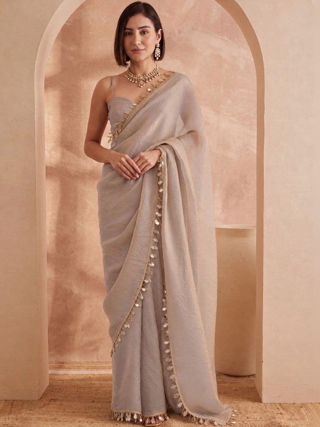 Anouk Mirror Work Satin Designer Saree - view 1