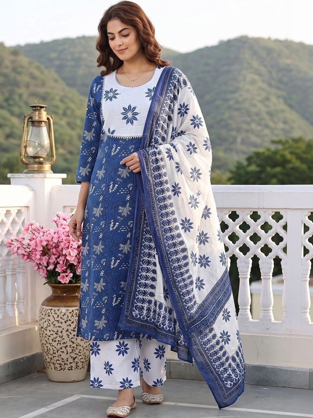 KALINI Women Floral Printed Regular Pure Cotton Kurta with Palazzos & With Dupatta thumbnail 2