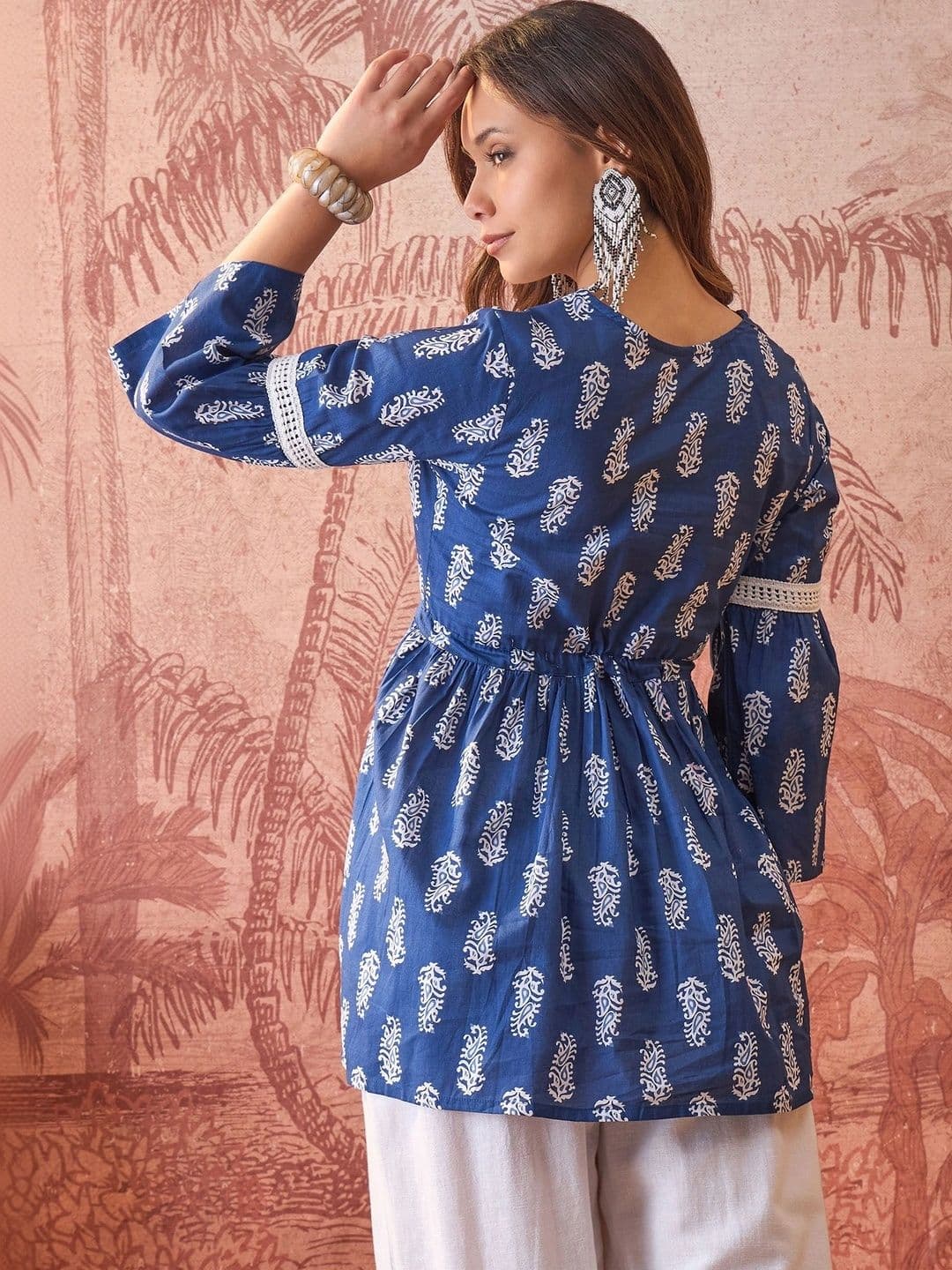Sangria Ethnic Motifs Printed V-Neck Flared Sleeves Pure Cotton Blend Kurti thumbnail 3