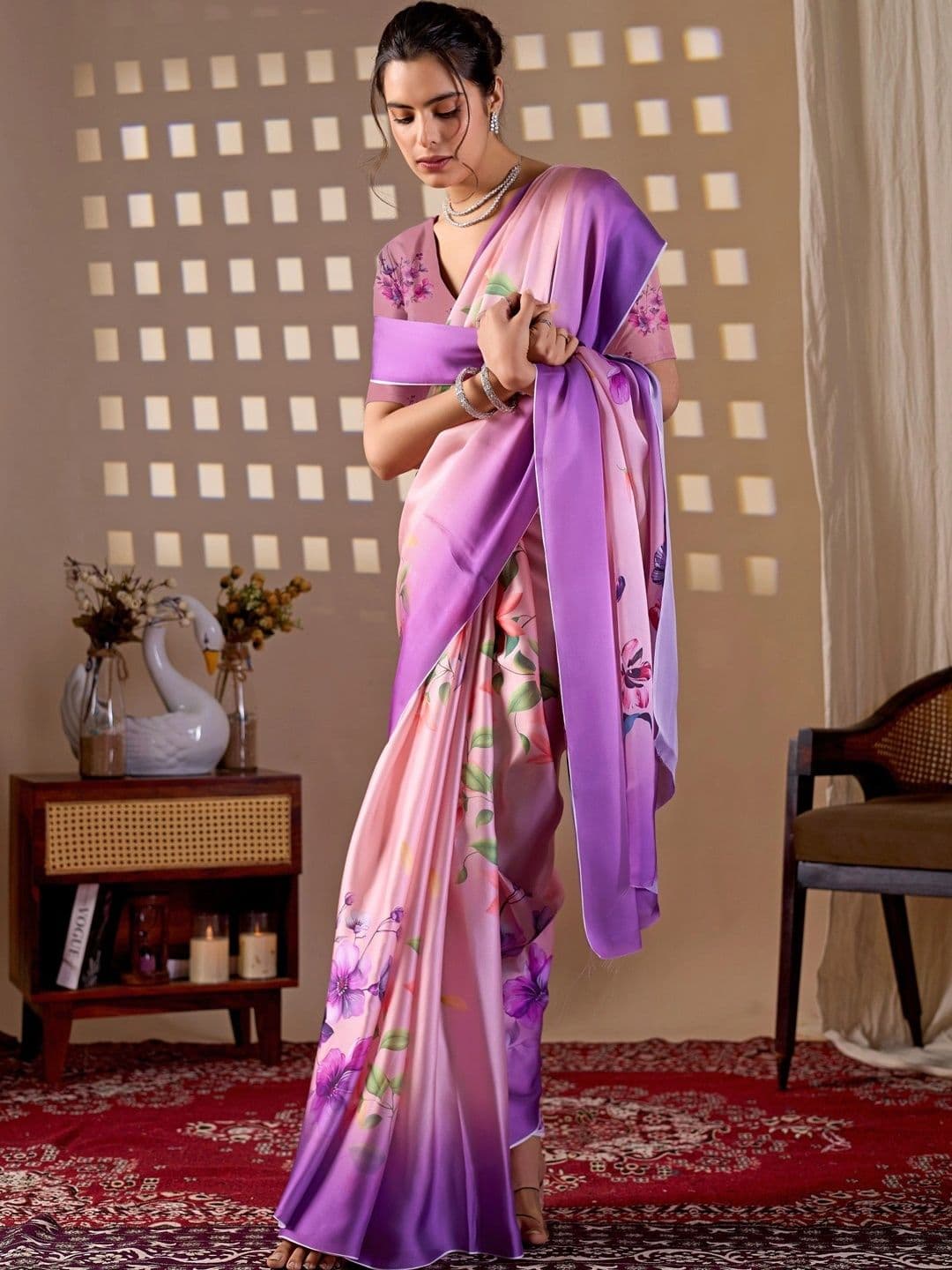 LeeliPeeri Designer Floral Satin Fusion Saree thumbnail 7