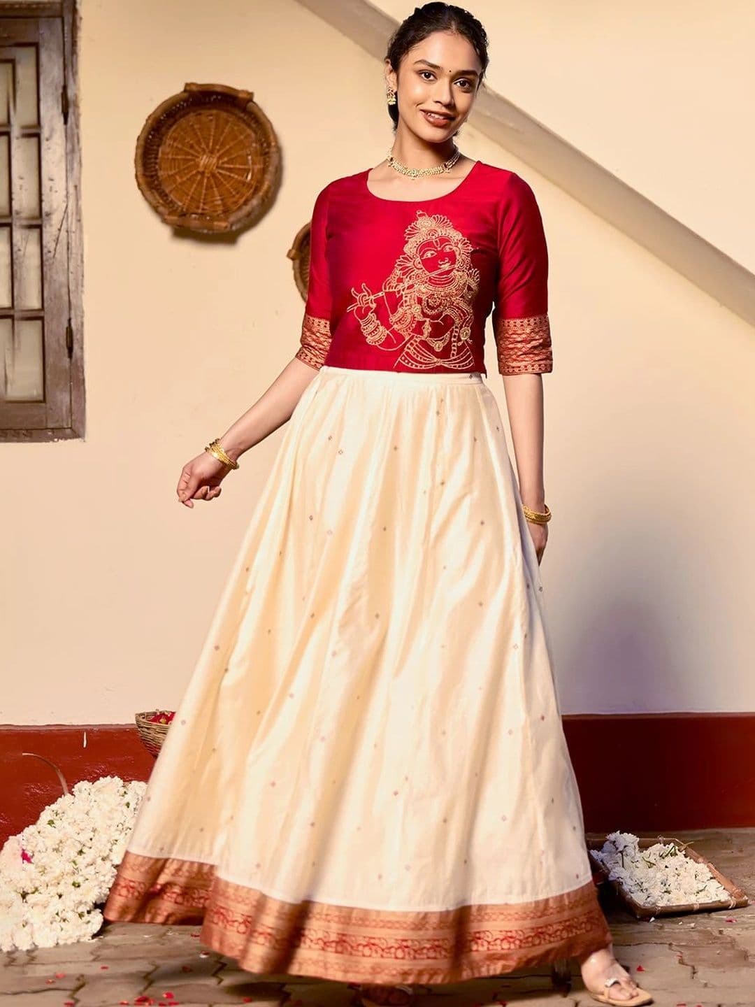 Maybell Women's Silk Blend Embroidered Round Neck Onam Theme Top with Skirt Set thumbnail 6