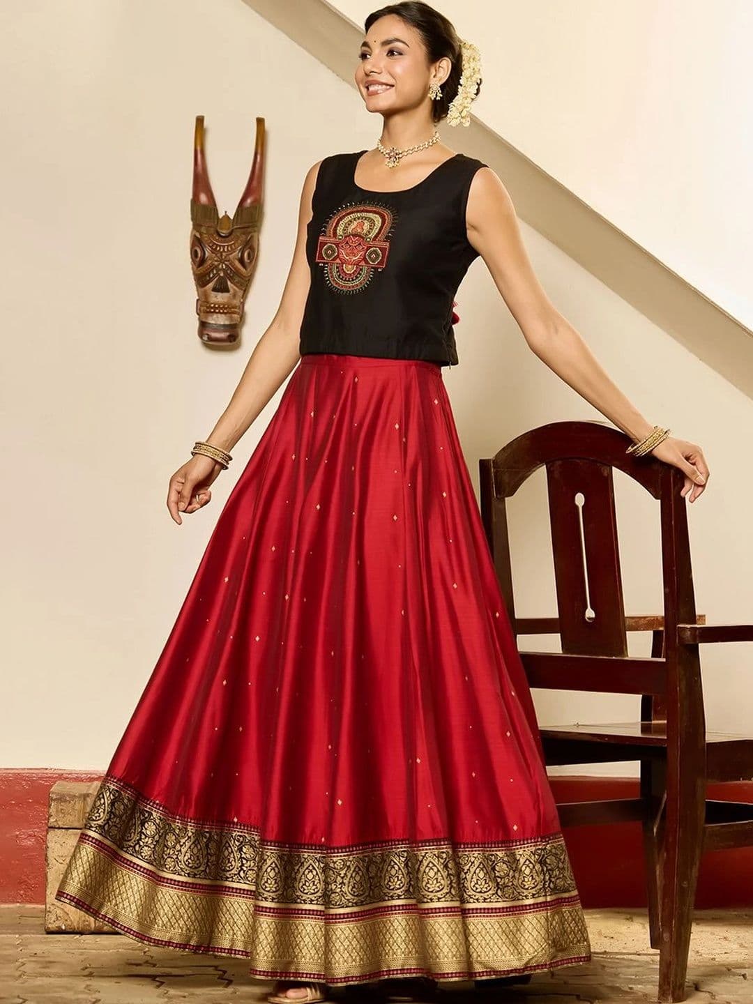 Maybell Women's Silk Blend Embroidered Round Neck Onam Theme Top with Skirt Set thumbnail 4