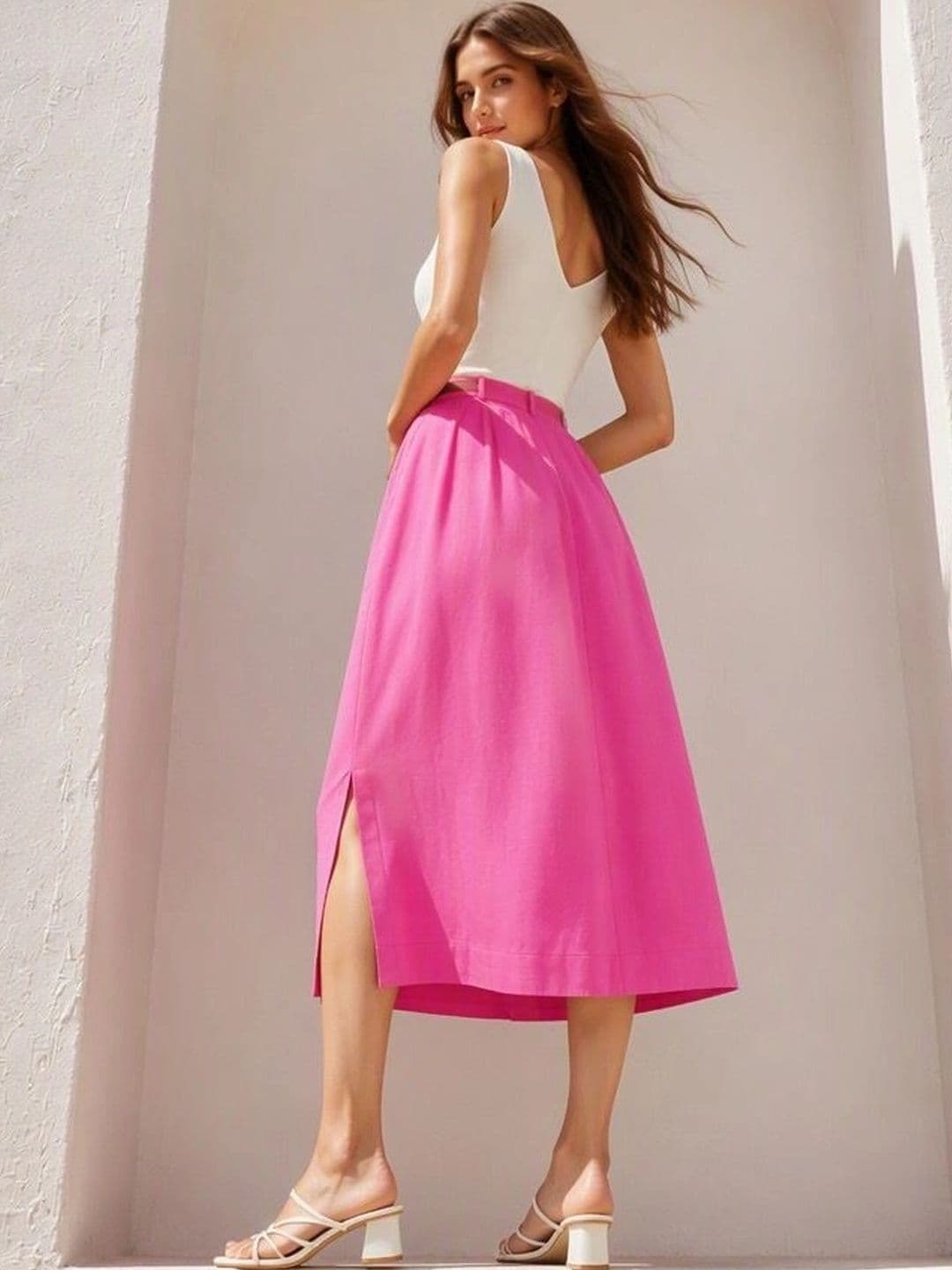 Virgio Solid Viscose Rayon Flared Midi Skirt for Women thumbnail 7