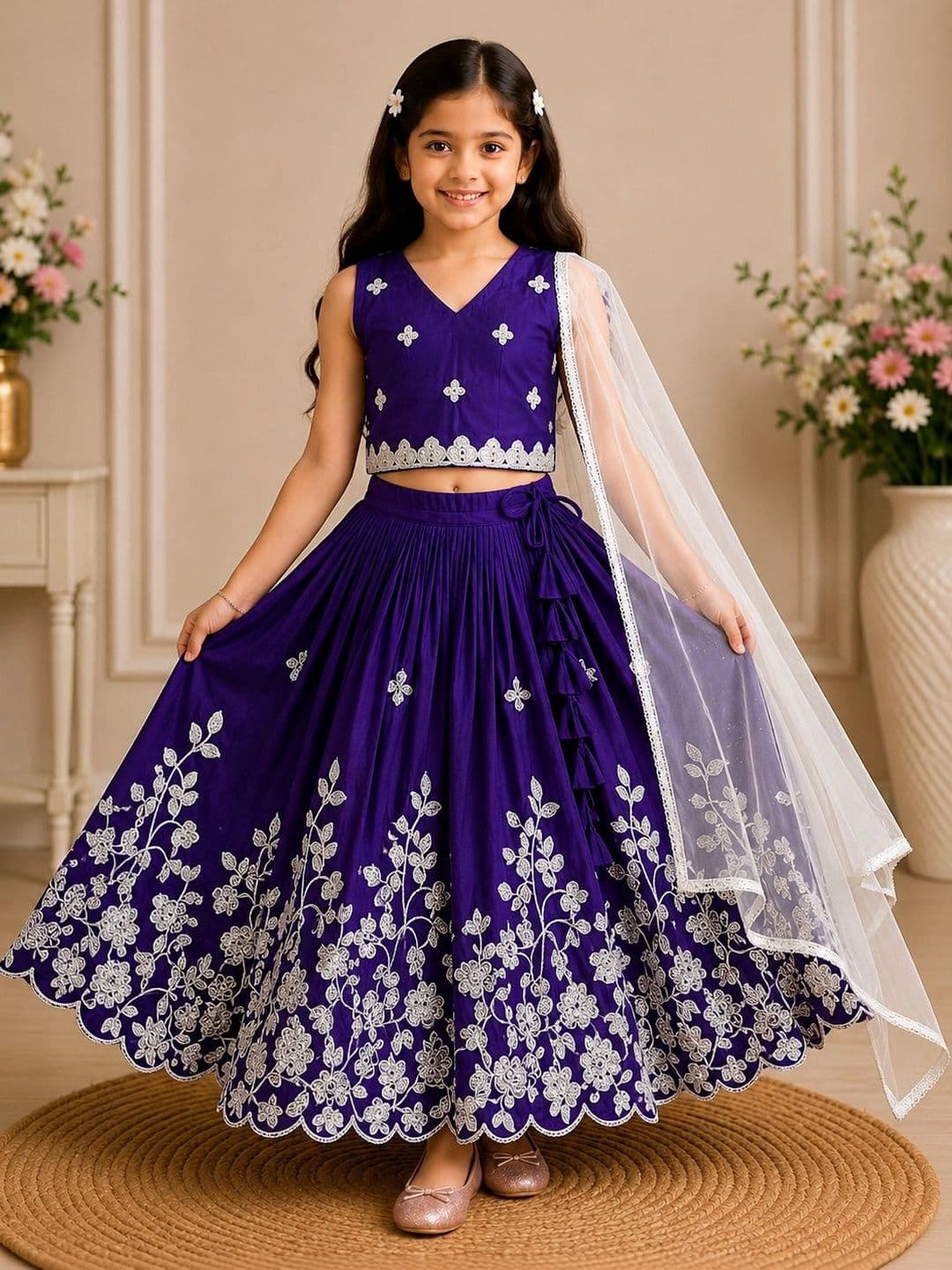 KALINI Girls Embroidered Thread Work Ready to Wear Lehenga & Blouse With Dupatta - view 1