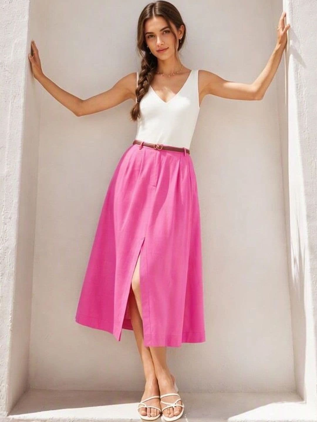 Virgio Solid Viscose Rayon Flared Midi Skirt for Women - view 1