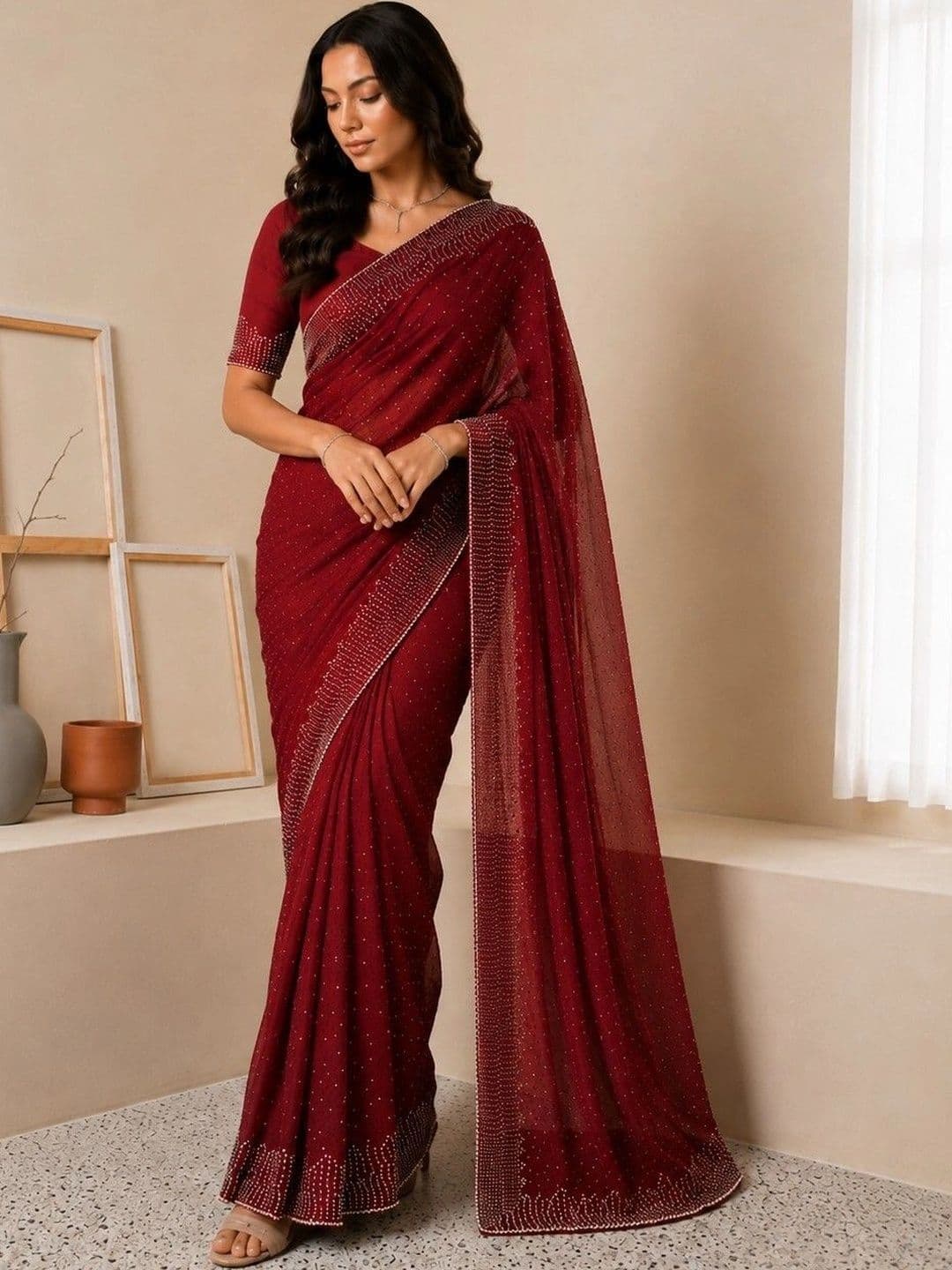 shreevali creation Embellished Beads and Stones Pure Chiffon Saree - view 1