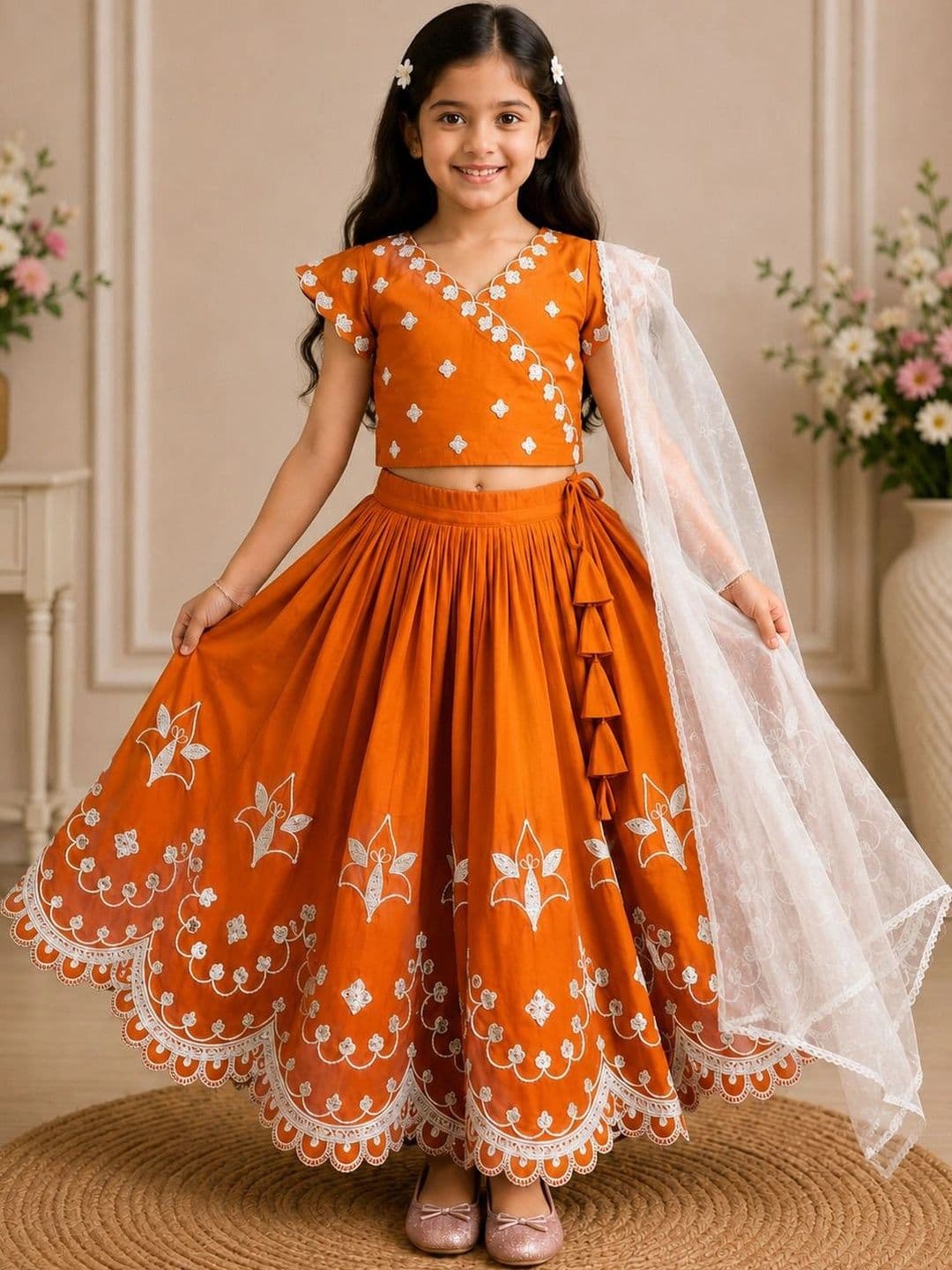 KALINI Girls Embellished Mirror Work Ready to Wear Lehenga & Blouse With Dupatta - view 1