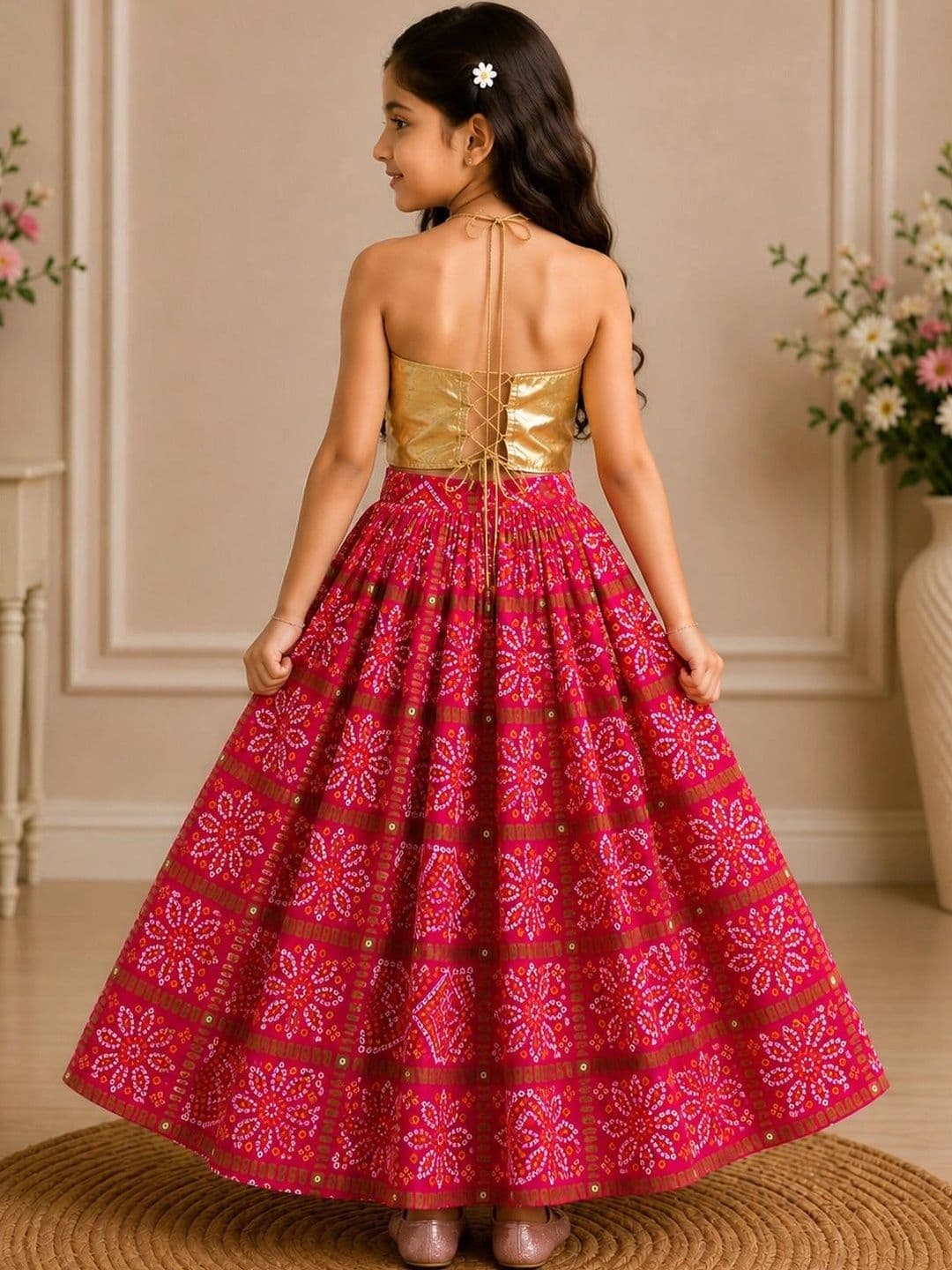 KALINI Girl Cotton Halter Neck Ethnic Silk Lehenga Set thumbnail 2