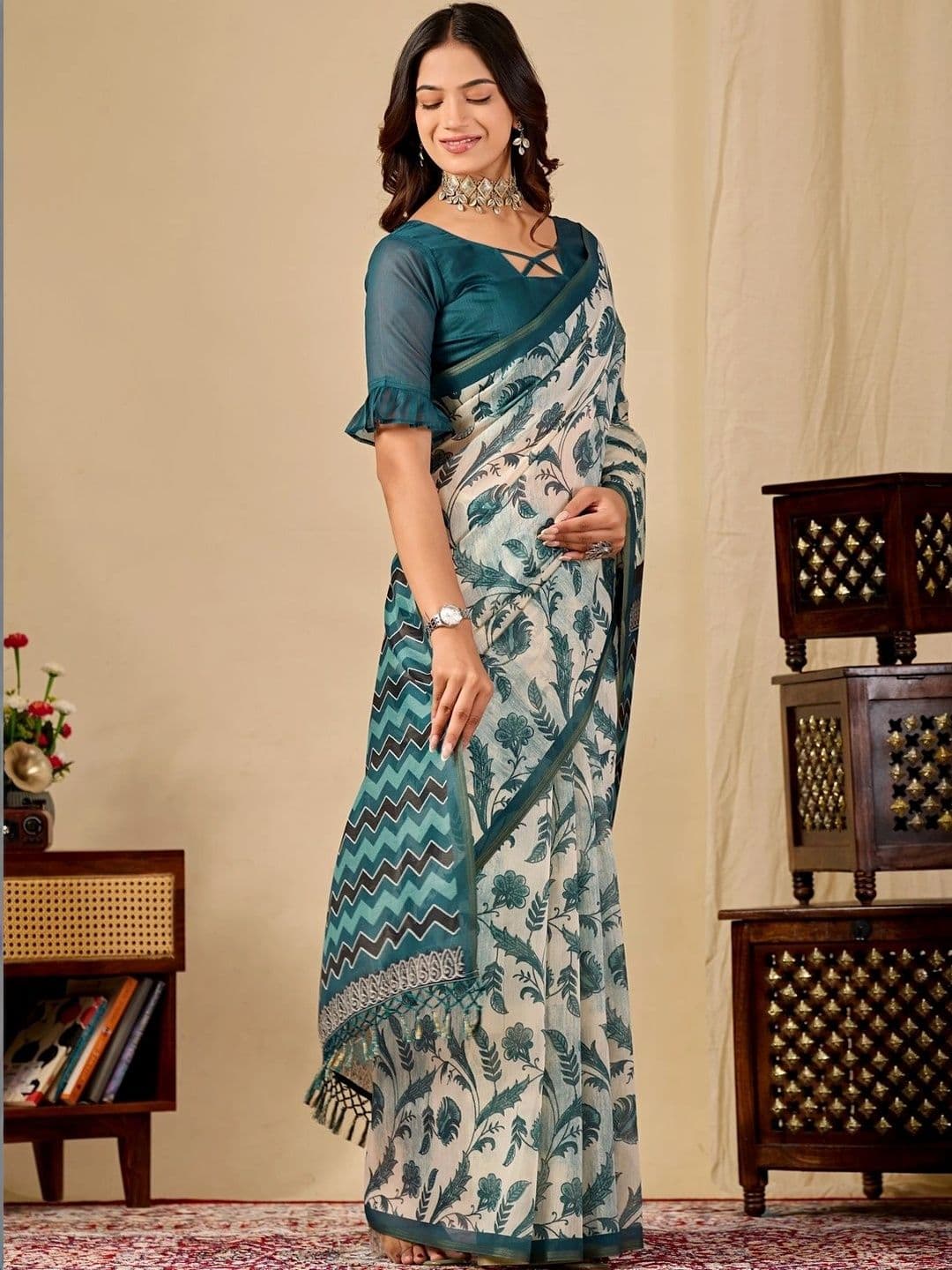 Sangria Floral Leheriya Saree thumbnail 4