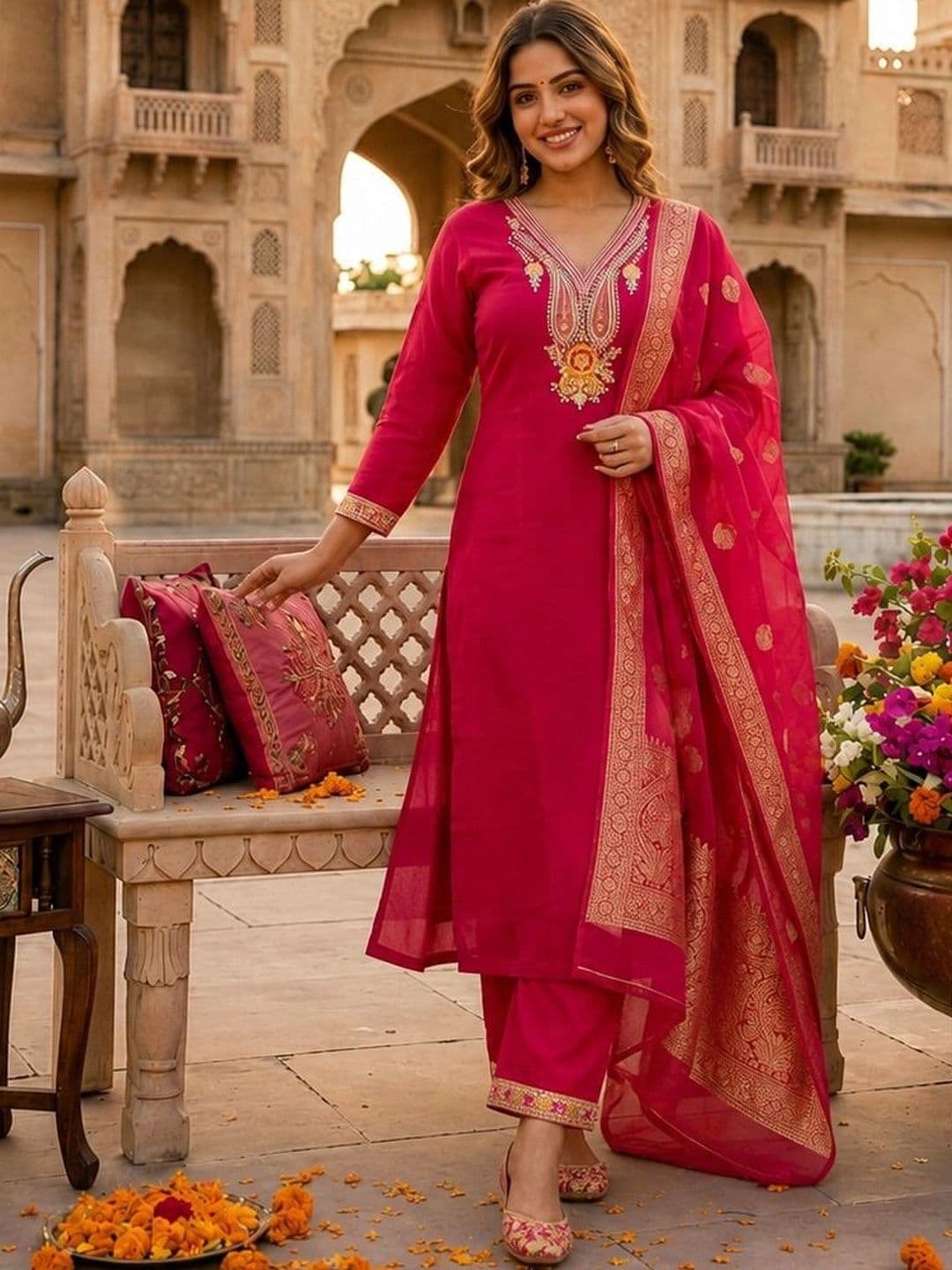 Apolyte Women Ethnic Motifs Embroidered Regular Pure Silk Kurta with Trousers & With Dupatta - view 1