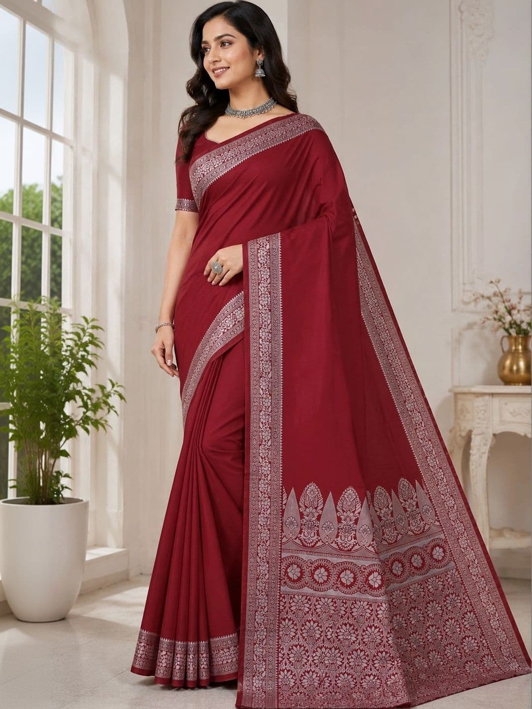 Prisan Women Maroon Woven Banarasi Soft Silk Saree with Unstitched Blouse - view 1