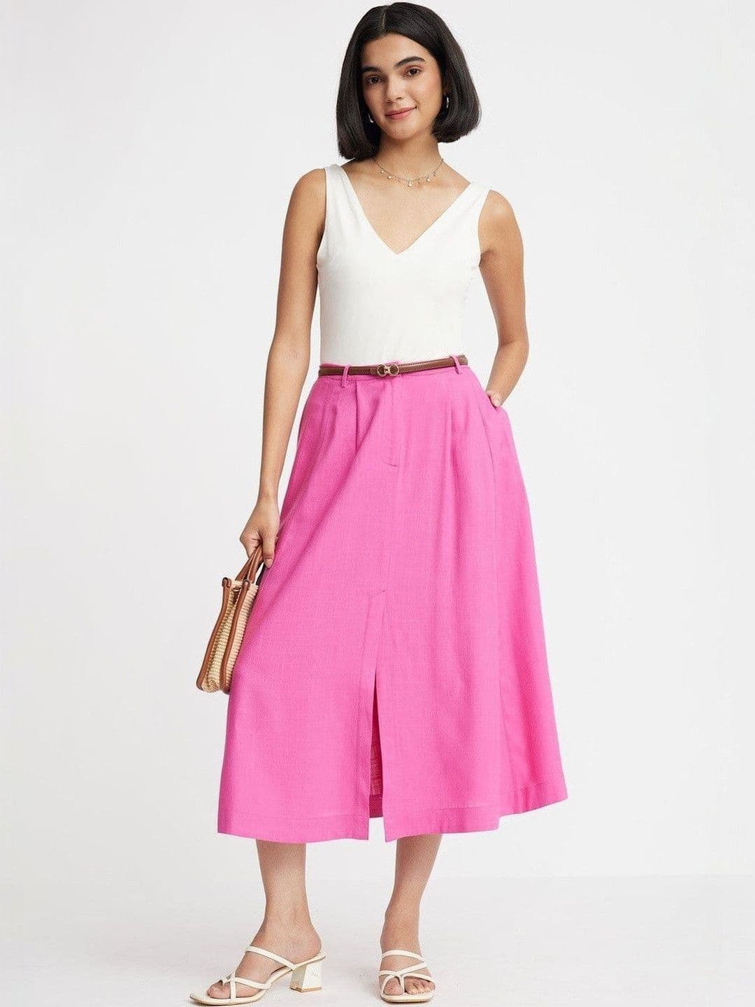 Virgio Solid Viscose Rayon Flared Midi Skirt for Women thumbnail 6