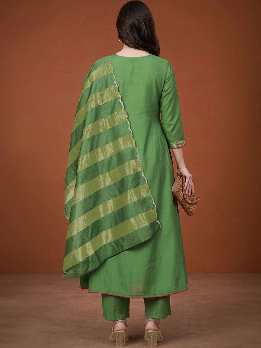 Sangria Women Empire Sequinned Chanderi Silk Kurta with Trousers & With Dupatta thumbnail 2