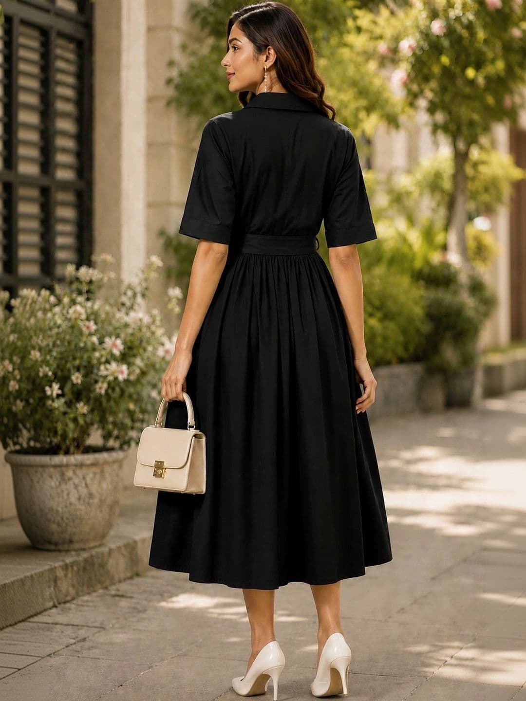 Oxinexx Women Solid Shirt Collar A-Line Midi Dress thumbnail 5