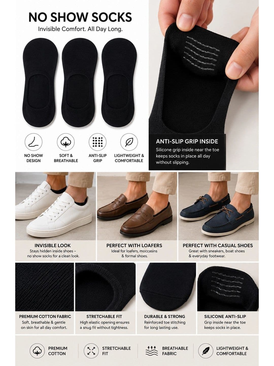 SHOPCASH Men Pack of 3 Cotton Assorted Shoe Liners Socks thumbnail 4
